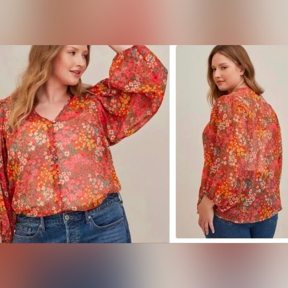Torrid floral chiffon button-up blouse Orange  multicolor floral pattern SZ 1